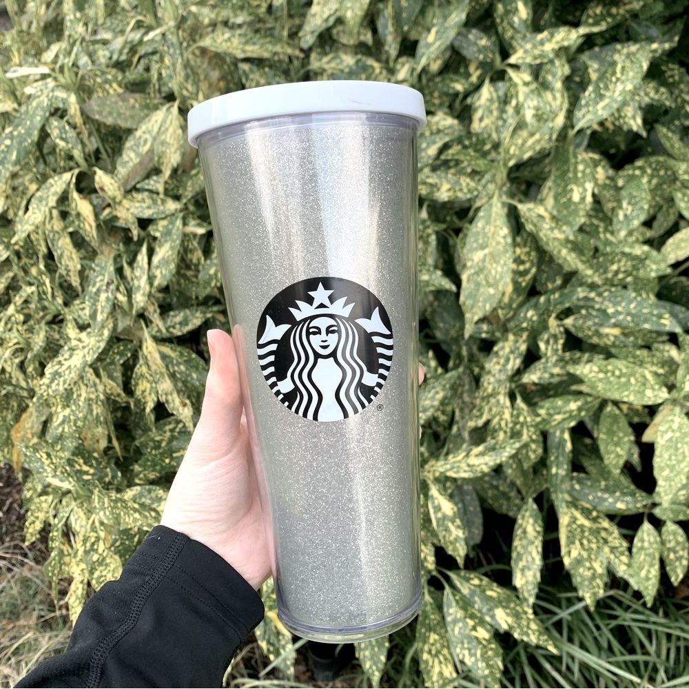 Starbucks White Silver Glitter Tumbler Cold Drink Cup Collectible Holiday 24oz